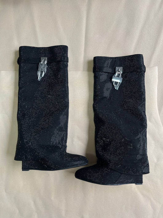 Botas Altas Hasta la Rodilla con Tacón Cuña Súper Alto y Hebilla Tiburón con Strass - Image 33
