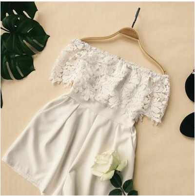 Jumpsuit Elegante Palabra de Honor con Encaje Soluble y Cintura Alta