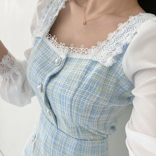 Conjunto de Dos Piezas con Camisa Cuadros Cuello Cuadrado y Falda Corta - Image 5