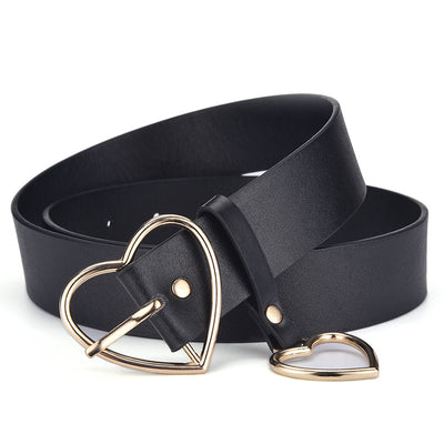 Black imitation leather belt with a silver heart-shaped pin buckle and a dangling heart charm. - Image 12