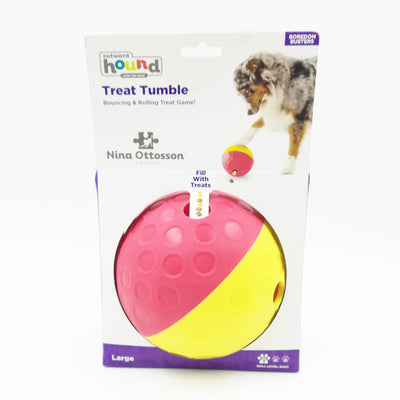 Small Outward Hound Treat Tumble dog toy in blue and yellow, a bouncing and rolling slow feeder. - Image 3