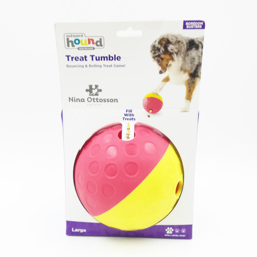 Small Outward Hound Treat Tumble dog toy in blue and yellow, a bouncing and rolling slow feeder. - Image 3