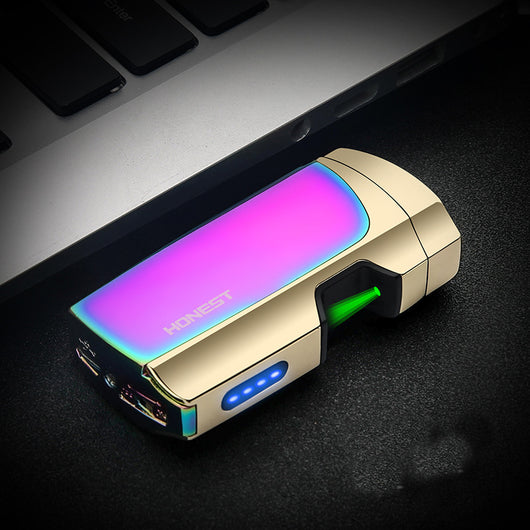 Blue and silver multi-function electric lighter with a visible green plasma arc and four blue battery indicator lights. - Image 7