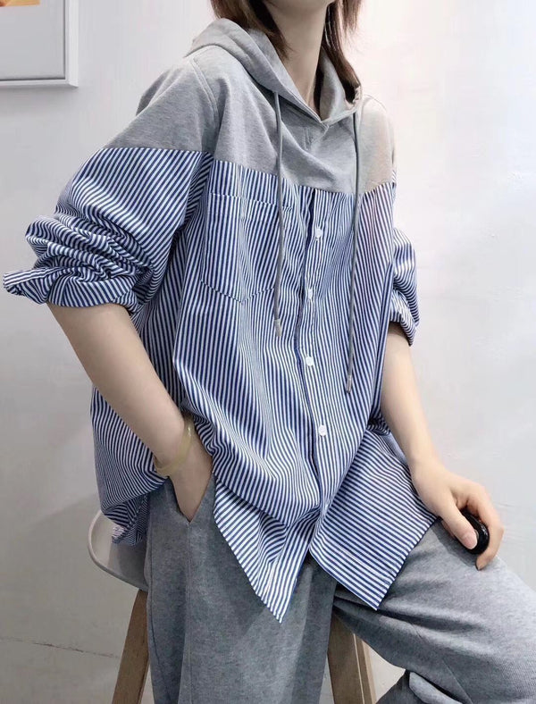 Camisa Hoodie Suelta con Costuras y Rayas Versátil