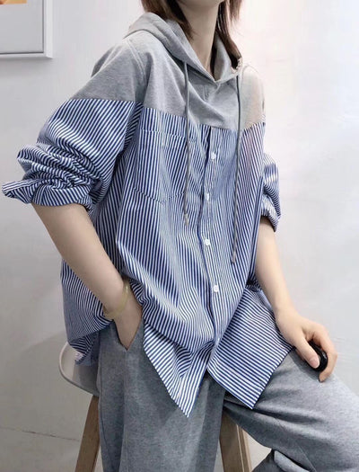 Camisa Hoodie Suelta con Costuras y Rayas Versátil - Image 2