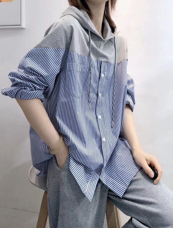 Camisa Hoodie Suelta con Costuras y Rayas Versátil