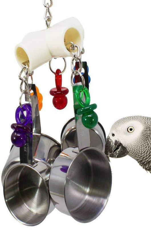 Parrot bite toy with four stainless steel cups, colorful plastic pacifier charms, and metal chains, next to an African Grey Parrot. - Image 3