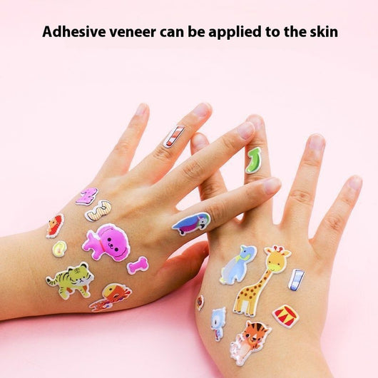A hand holds a large stack of colorful 3D bubble stickers, with sheets featuring cars, vegetables, numbers, and animals. - Image 7