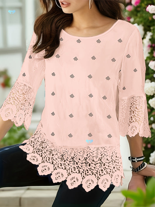 Blusa de Encaje Combinado con Mangas Tres Cuartos - Image 6