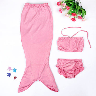 Girls' three-piece mermaid swimsuit with shimmery green and blue gradient tail, bandeau top, and ruffled bikini bottoms. - Image 5