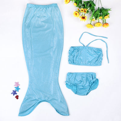 Girls' three-piece mermaid swimsuit with shimmery green and blue gradient tail, bandeau top, and ruffled bikini bottoms. - Image 3