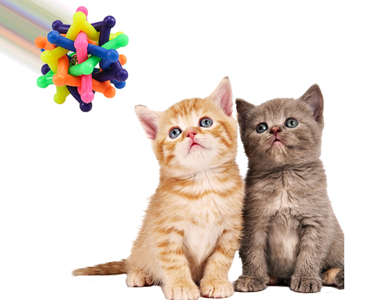 Colorful rainbow pet chew toy ball made of soft rubber with an interlocking design and an internal bell. - Image 12