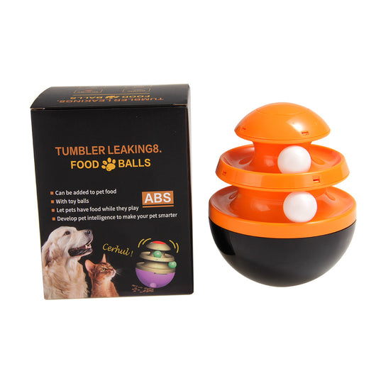 Orange and blue interactive pet food dispenser toy with multiple tiers and white balls, next to its black packaging. - Image 19