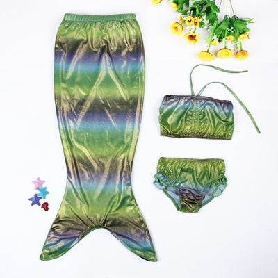 Girls' three-piece mermaid swimsuit with shimmery green and blue gradient tail, bandeau top, and ruffled bikini bottoms. - Image 4