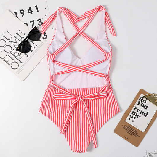 Traje de Baño Entero Ajustado con Estampado de Rayas - Image 3