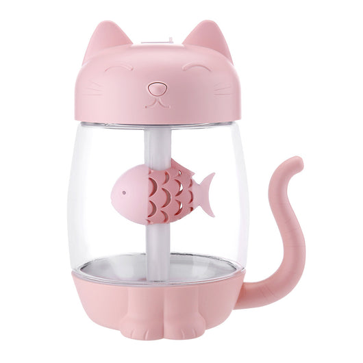 Pink cat-shaped USB humidifier with a clear body, decorative fish, and cute cat features like ears, paws, and tail. - Image 4
