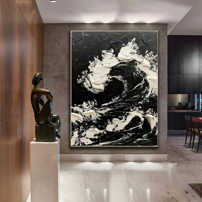 Cuadro Abstracto Olas del Mar en Blanco y Negro - Pintura al Óleo Texturizada Tamaño Grande