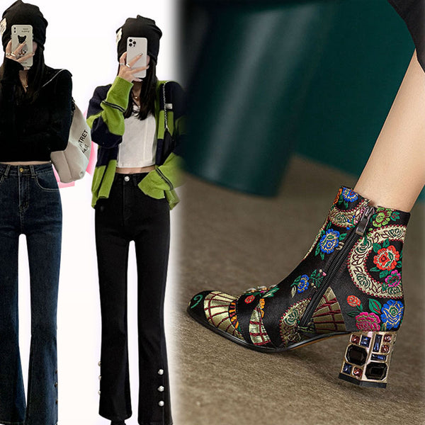 Botas Étnicas con Tacón Grueso, Bordado Floral y Hebilla de Perlas