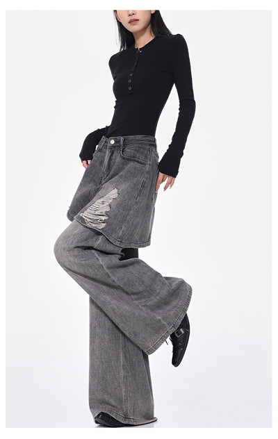 Pantalones Rectos Azul Vintage Efecto Desgastado Doble Tela para Mujer - Image 22