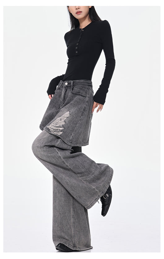 Pantalones Rectos Azul Vintage Efecto Desgastado Doble Tela para Mujer - Image 22