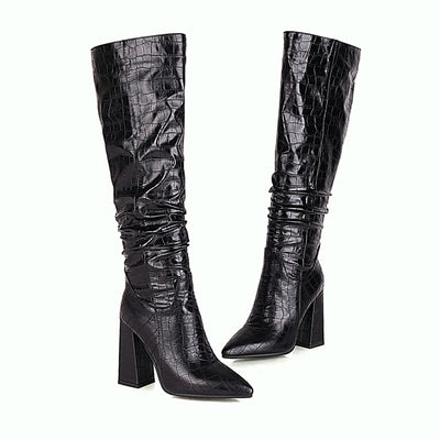 Botas Altas de Tacón Cuadrado con Punta Afilada y Cuero Grabado - Image 5