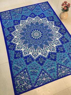 Large blue mandala hanging cloth with a detailed circular pattern and floral borders, made of chemical fiber. - Image 3