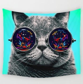 Cute gray cat tapestry wearing round sunglasses with a colorful explosion reflected in the lenses, on a teal background. - Image 2