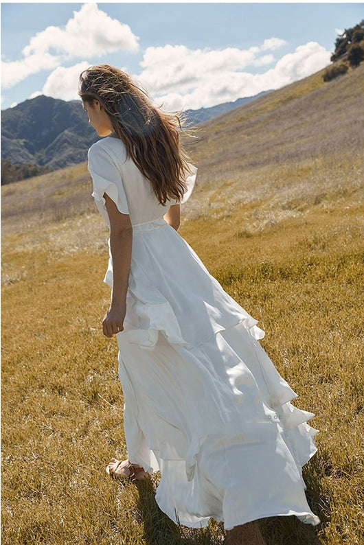 Vestido Blanco Largo Escote V Patchwork Manga Corta - Image 7