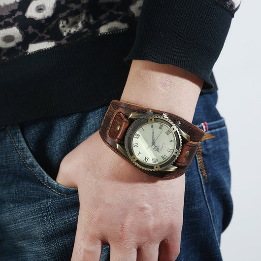 Reloj Pulsera Vintage Punk en Cuero Genuino Ajustable para Hombre
