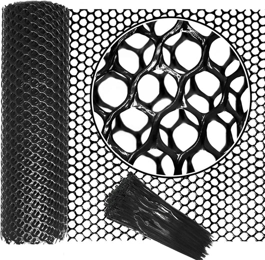 White plastic chicken wire mesh roll with hexagonal openings, showing transparency with a hand behind it. - Image 9