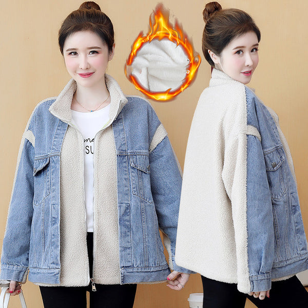 Abrigo de Invierno para Mujer con Lana de Cordero y Detalles de Costura Denim