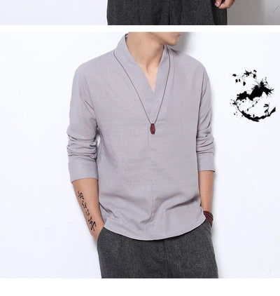 Camisa Lino Manga Larga Estilo Chino Retro para Hombre - Image 19