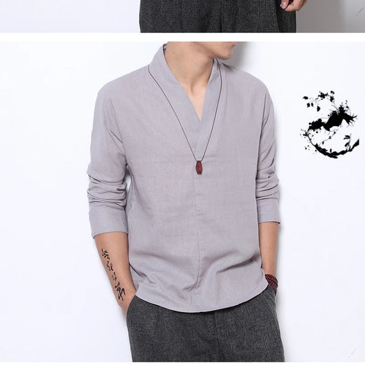 Camisa Lino Manga Larga Estilo Chino Retro para Hombre - Image 19