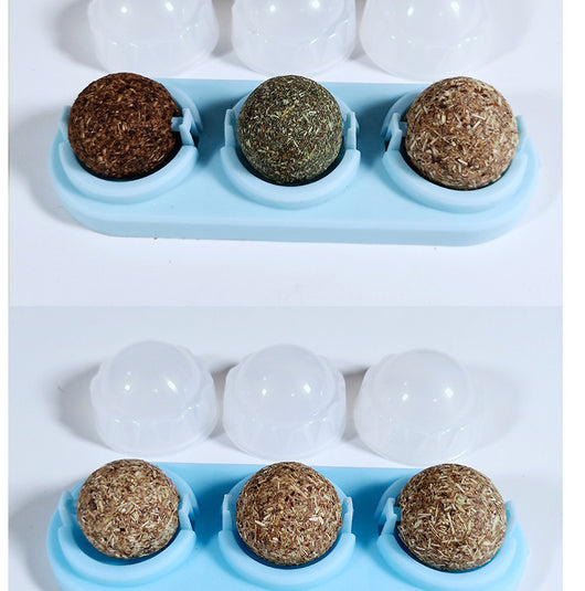 Two self-adhesive rotated catnip lick balls, each in a light blue holder, for cat entertainment. - Image 4