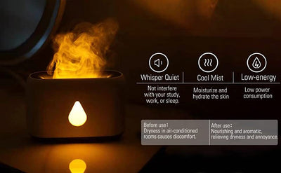 White aroma diffuser with a 3D flame effect and a gold water droplet icon, shown with a remote control. - Image 5