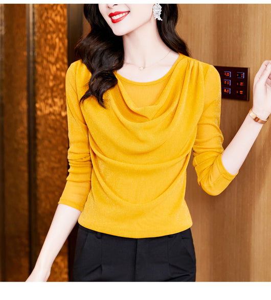 Blusa Elegante de Seda Brillante con Cuello Redondo y Manga Larga - Image 16