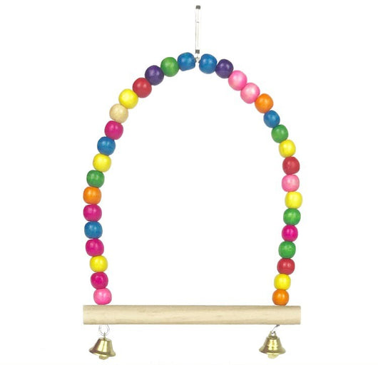 Colorful wooden bird swing with an arched top made of rainbow beads, a natural wood perch, and two small bells. - Image 7