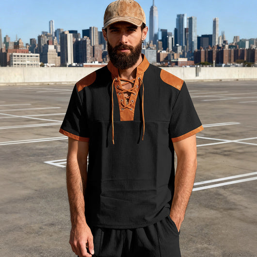 Camiseta Casual Hombre Estilo Medieval con Cuello Cordón - Image 15