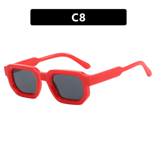 Black square-frame sunglasses with thick, angular frames and dark blue lenses, shown on a white background. - Image 13