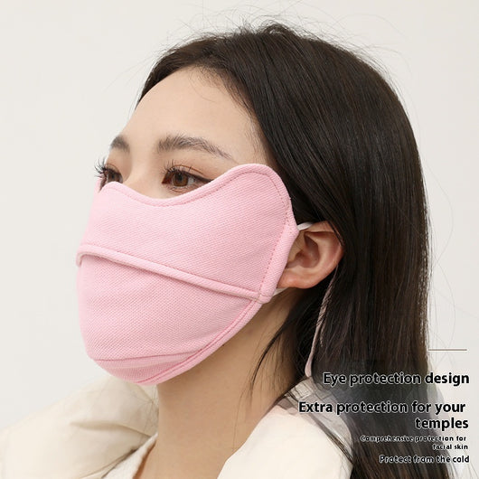 Black winter thermal mask with ear hooks, contoured for face and nose, shown on a person and in a close-up. - Image 3