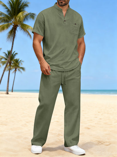 Camiseta Casual de Algodón y Lino para Hombre - Manga Corta Color Liso - Image 19