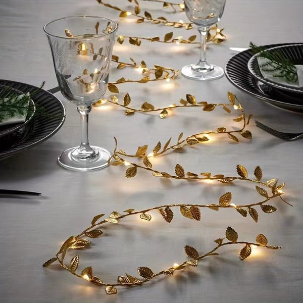 Cadena de Luces LED Hojas Doradas y Plateadas - Decoración Rattan