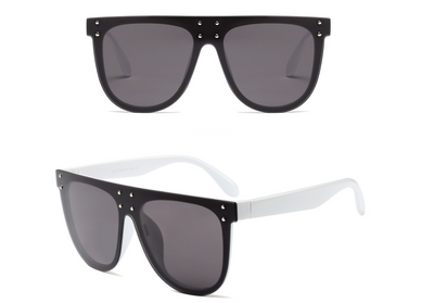 Black and white flat top sunglasses with dark lenses and small gold-toned stud details on the frame. - Image 4