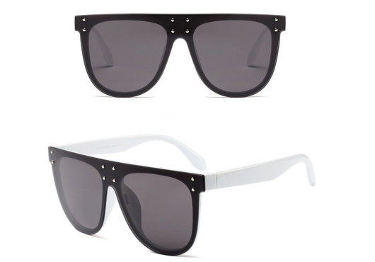 Black and white flat top sunglasses with dark lenses and small gold-toned stud details on the frame. - Image 4