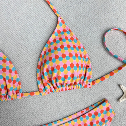Colorful polka dot triangle-bra bikini swimsuit set with pink, yellow, orange, and blue dots. - Image 4