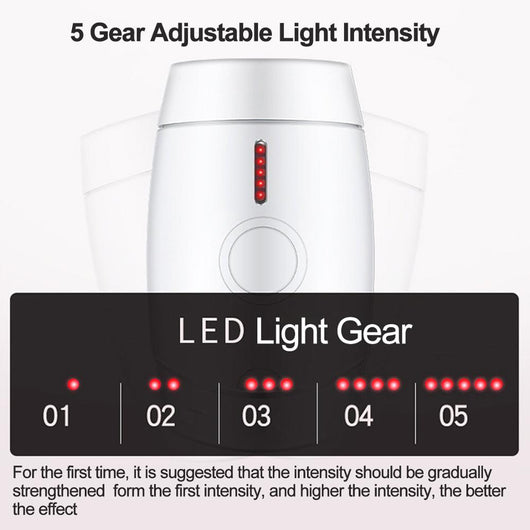 White home laser hair removal instrument with a sleek design, featuring a circular control button and red indicator lights. - Image 5
