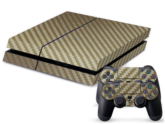 PS4 console and two controllers with a tan and beige carbon fiber sticker applied, featuring a woven pattern. - Image 8