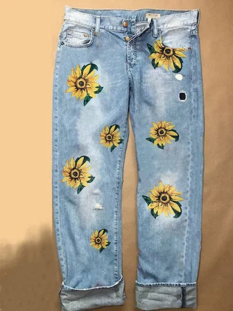 Pantalones Anchos Estampados Efecto Desgastado
