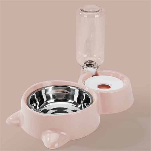 White pet feeding station with a stainless steel food bowl and a clear automatic water dispenser bottle. - Image 18
