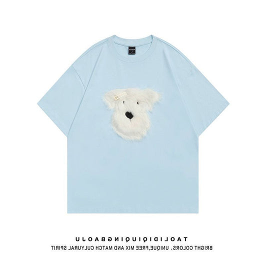Black short sleeve t-shirt with a fluffy white puppy face embroidery, featuring a small gold barrette on its ear. - Image 9